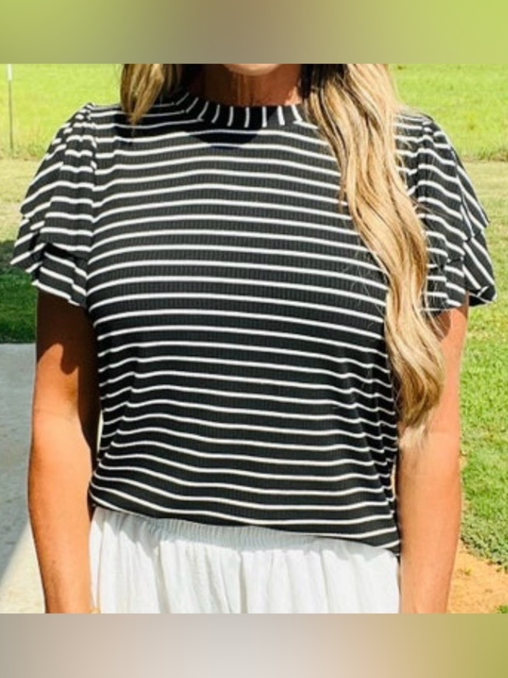 Cherish Black & White Striped Flutter Sleeve Top